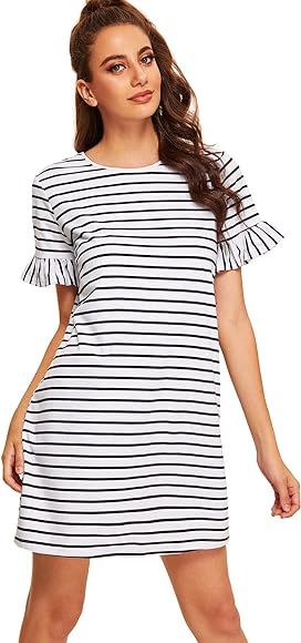 Floerns Women's Summer Casual Ruffle Short Sleeve Tunic Striped T-Shirt Dress | Amazon (CA)