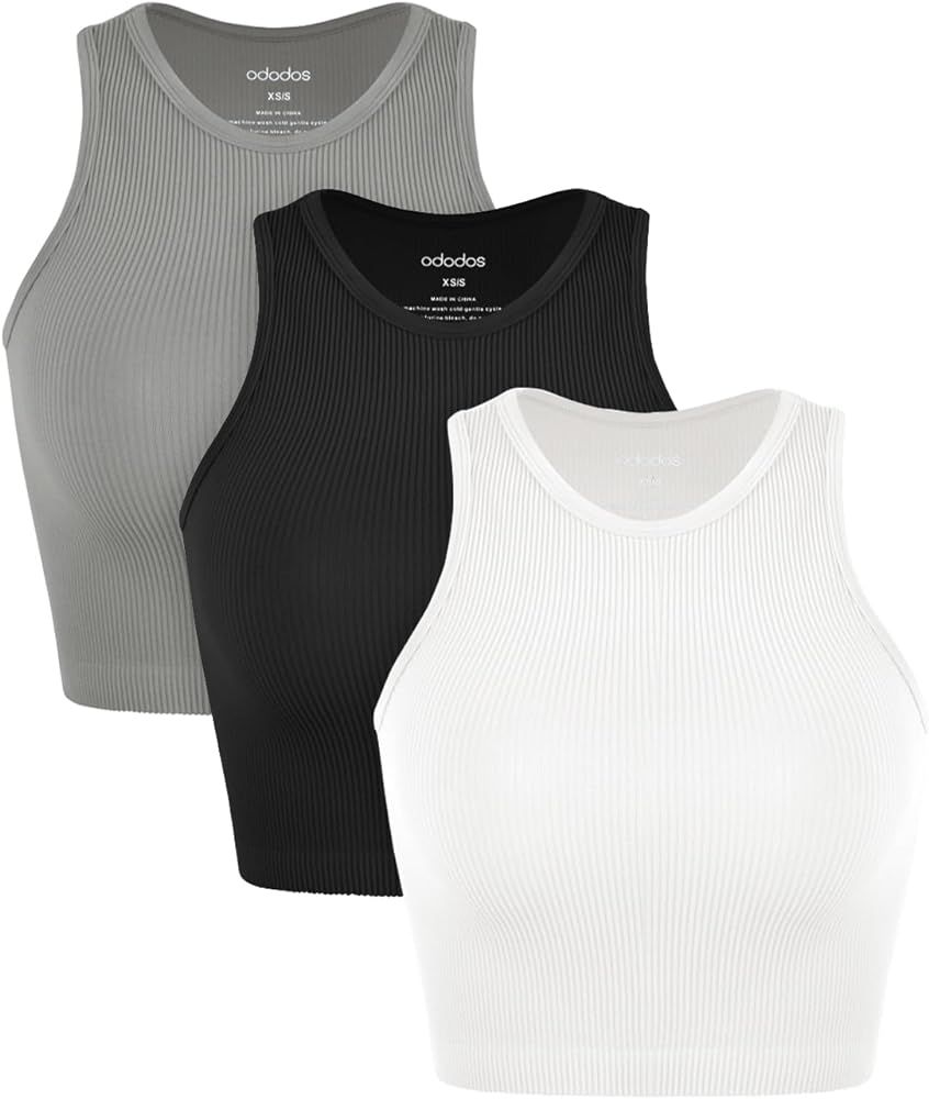 ODODOS 3-Pack Seamless Crop Tank for Women Ribbed Soft High Neck Cropped Tops | Amazon (US)