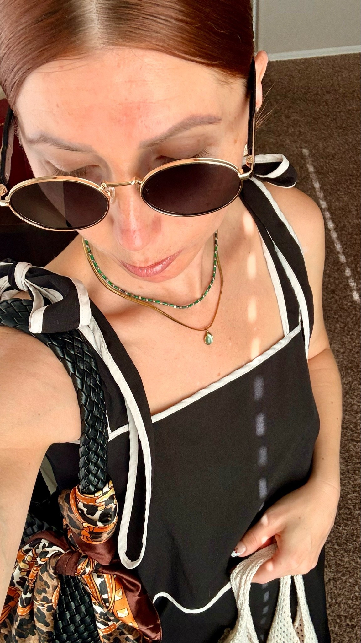 Outfit and accessories are all Amazon and have lasted the span of a year so far 👌🏻

Gold frame sunglasses, green malachite stone necklace, green opal stone necklaces gold square huggie earrings, black woven “leather” bag.

#LTKootd #LTKmomlife #LTKdayinmylife