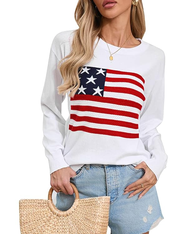 Womens American Flag Sweater, Long Sleeve Crewneck Colorblock Striped Pullover with Drop Shoulder... | Amazon (US)
