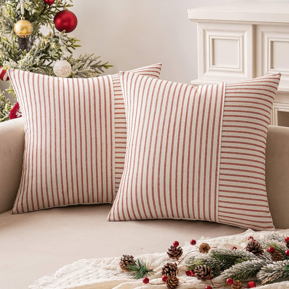 MIULEE Red and Beige Christmas Patchwork Farmhouse Pillow Covers 20x20 Inch, Pack of 2 Striped Li... | Amazon (US)