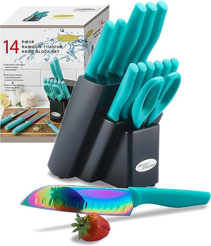 DISHWASHER SAFE KYA27 Rainbow Titanium Cutlery Knife Set, Marco Almond 14-Piece Kitchen Knives Bl... | Amazon (US)