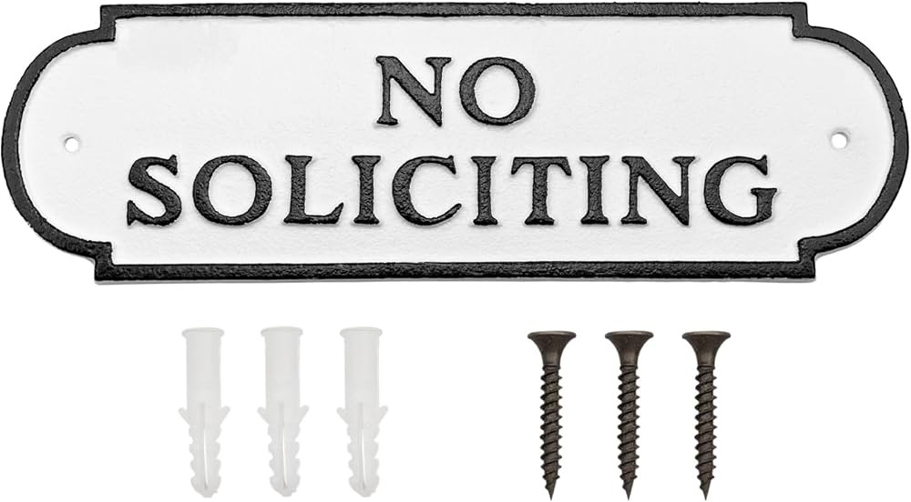 AuldHome Design Cast Iron No Soliciting Sign; Rustic Farmhouse Metal Plaque in Black and White 11... | Amazon (US)