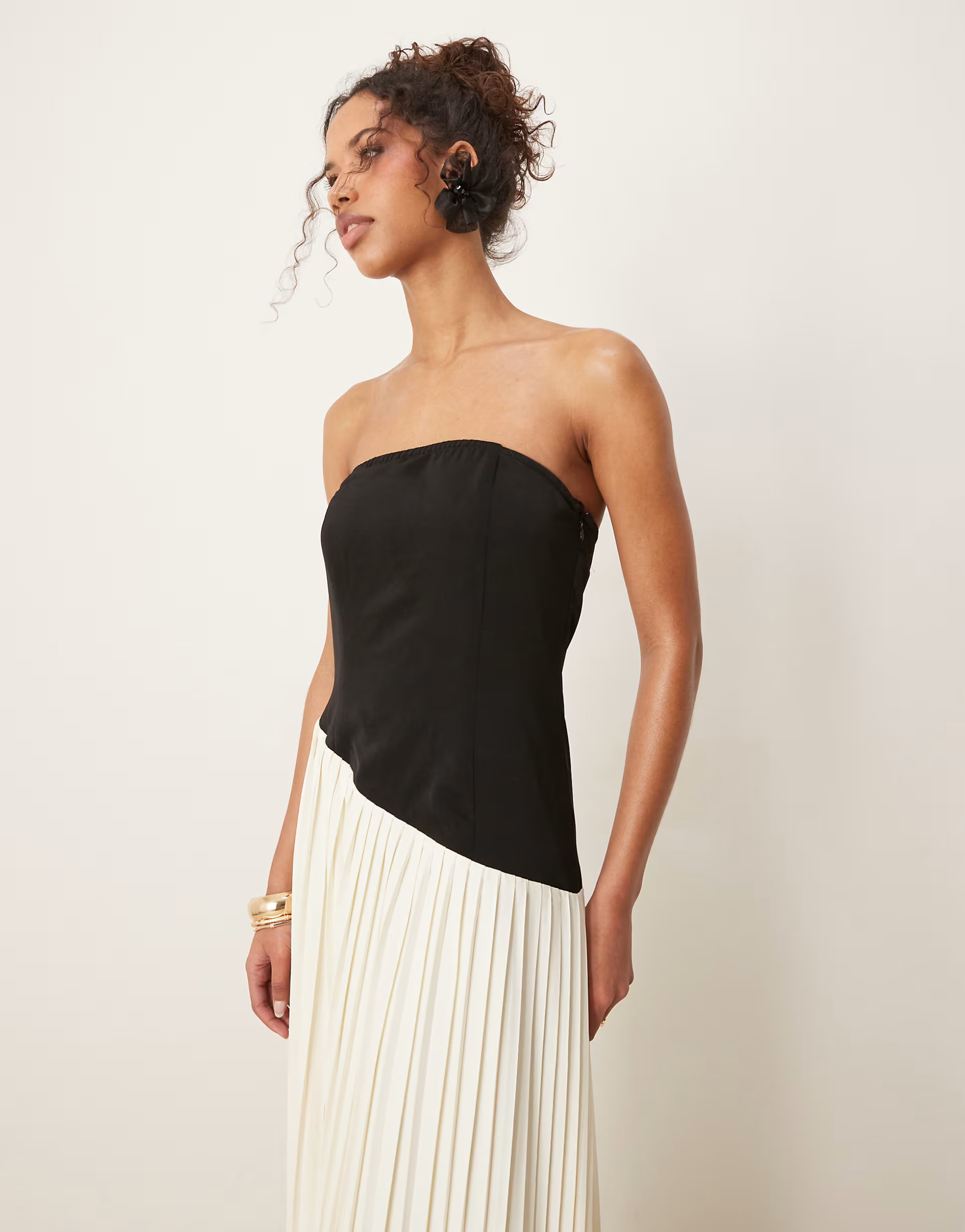 Six Stories asymmetric pleated maxi dress in monochrome | ASOS (Global)