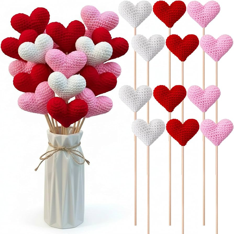 Lyrow 12 Pcs Valentines Heart Picks Crochet Valentines Day Tree Picks Valentine Bouquet Heart Art... | Amazon (US)
