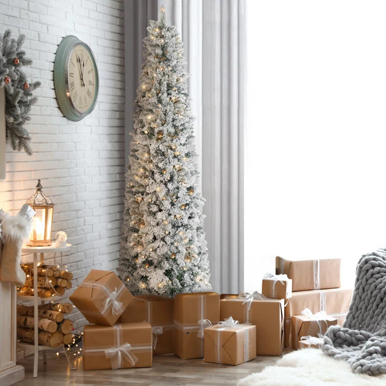 Slender Green Pine Flocked Christmas Tree with LED Lights | Wayfair Professional