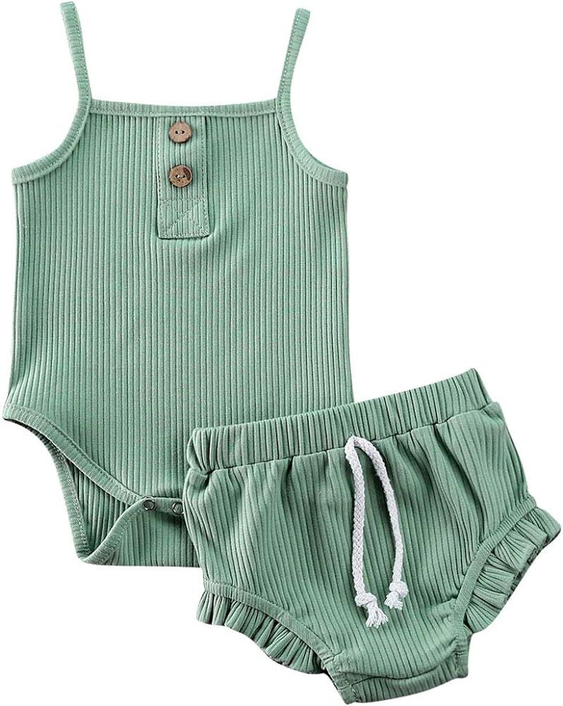 Infant Baby Girls Summer Knit Outfits Button Halter Romper Ruffle Drawstring Shorts Pants 2Pcs Cloth | Amazon (US)