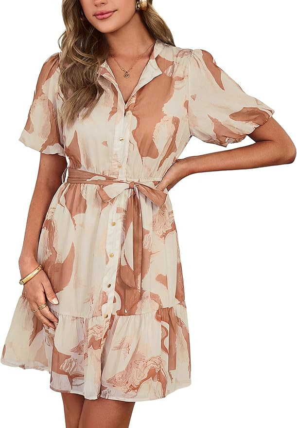 Simplee Womens Floral Short Summer Dresses Casual V Neck Button Down A-Line Tiered Ruffle Boho Mi... | Amazon (US)