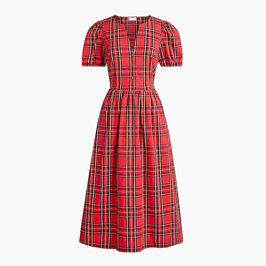 Tartan puff-sleeve cotton poplin dress | J.Crew Factory