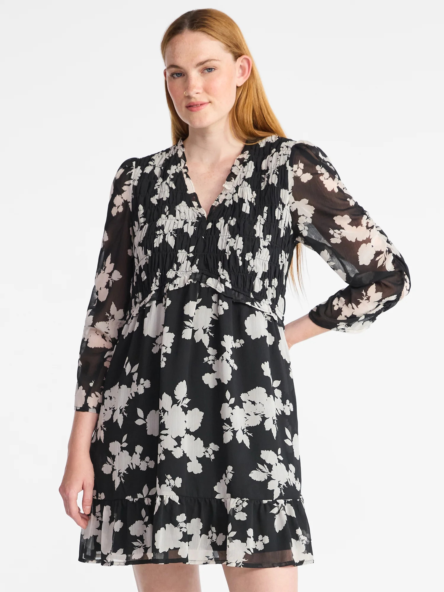 Time and Tru Women's Smocked Chiffon Mini Dress with Long Sleeves, Sizes XS-XXXL | Walmart (US)