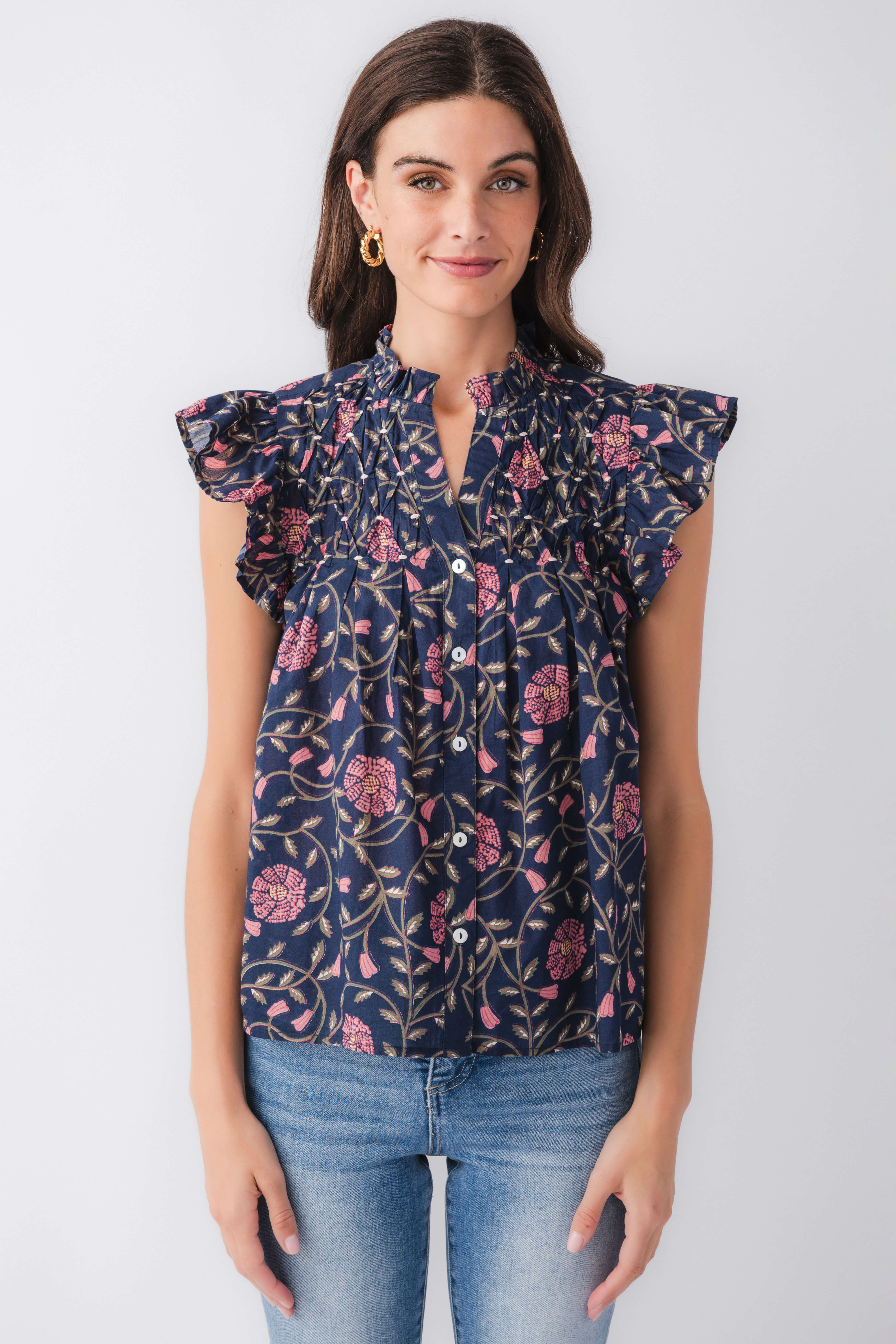 THML Block Print Flutter Sleeve Button Up Top | Social Threads