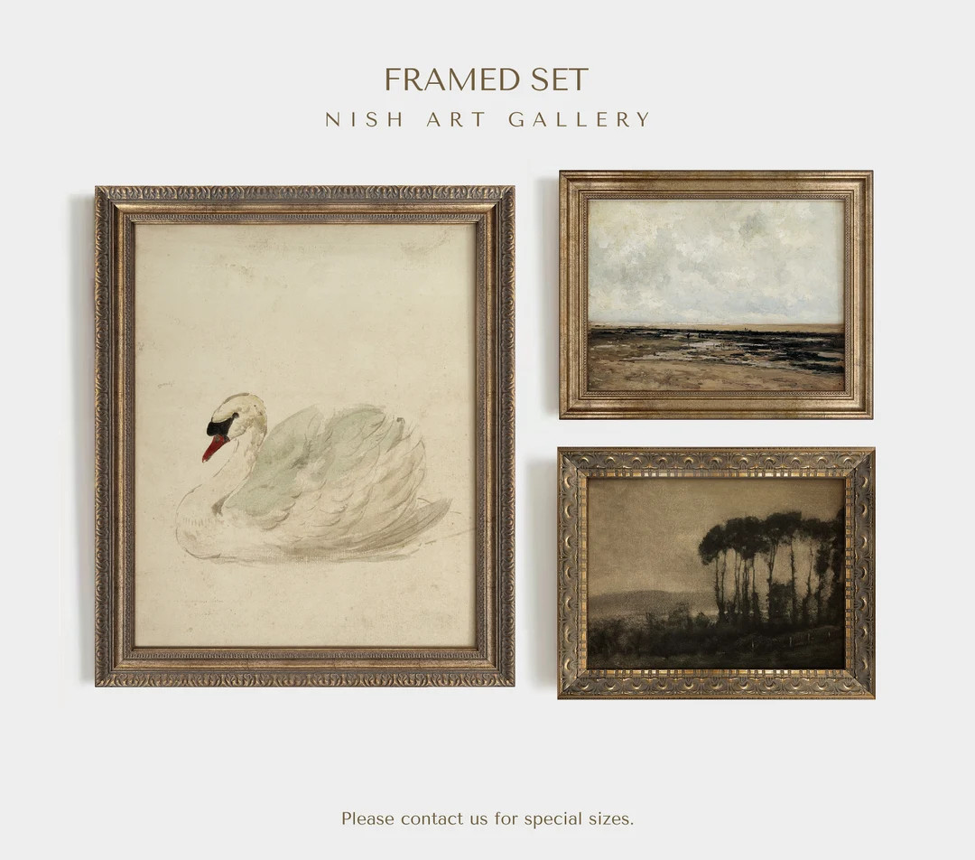 Gallery Wall Set, FRAMED Vintage Print Set of 3, Brown and Black Tones, Farmhouse Wall Decor, Gol... | Etsy (US)