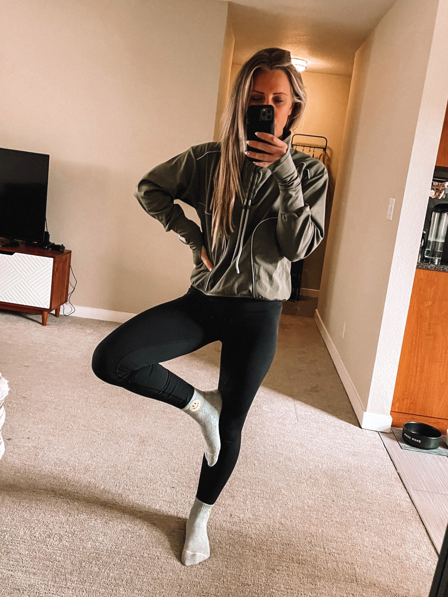 what I wore to wfh. 
long sleeve has holes for your watch, which makes this a great option for a colder run. wearing size small. leggings size 4  