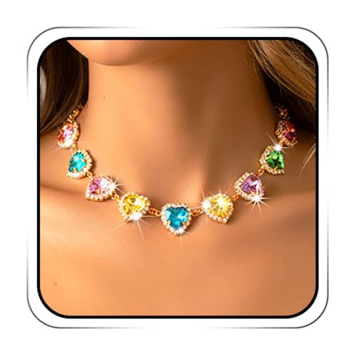 ACEDRE Heart Colorful Crystal Choker Necklace Rainbow Rhinestone Charm Necklaces Jewelry for Women | Amazon (US)