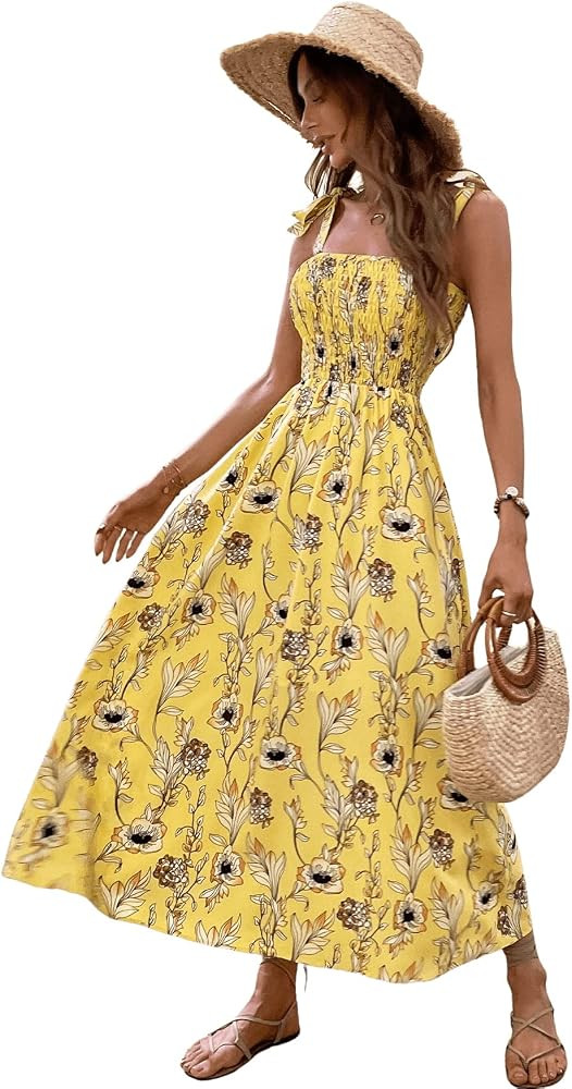 Floerns Women's Summer Boho Floral Print Tie Strap A Line Long Maxi Dress | Amazon (US)