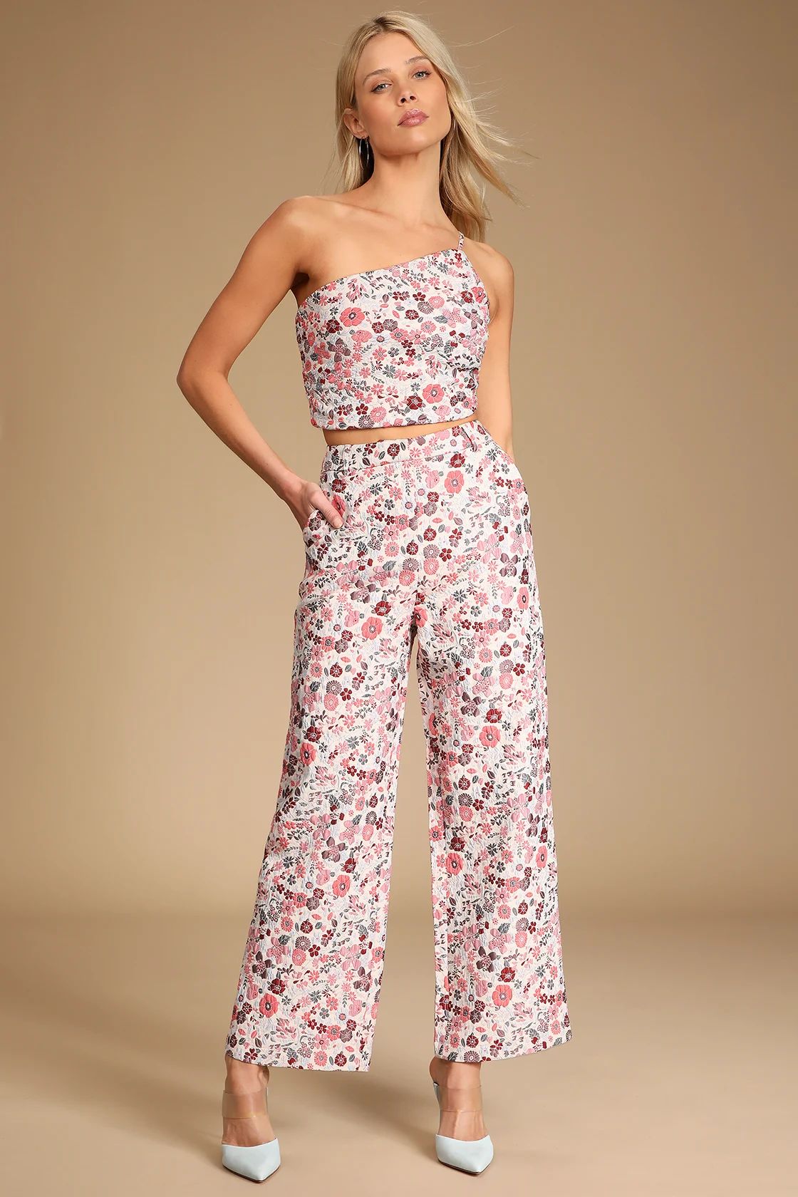 Bloom into Spring Blush Floral Jacquard One-Shoulder Crop Top | Lulus (US)