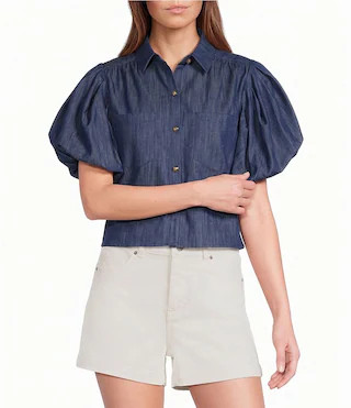 A Loves A Collared Short Bubble Sleeve Button Front Woven Top - L | Dillard's