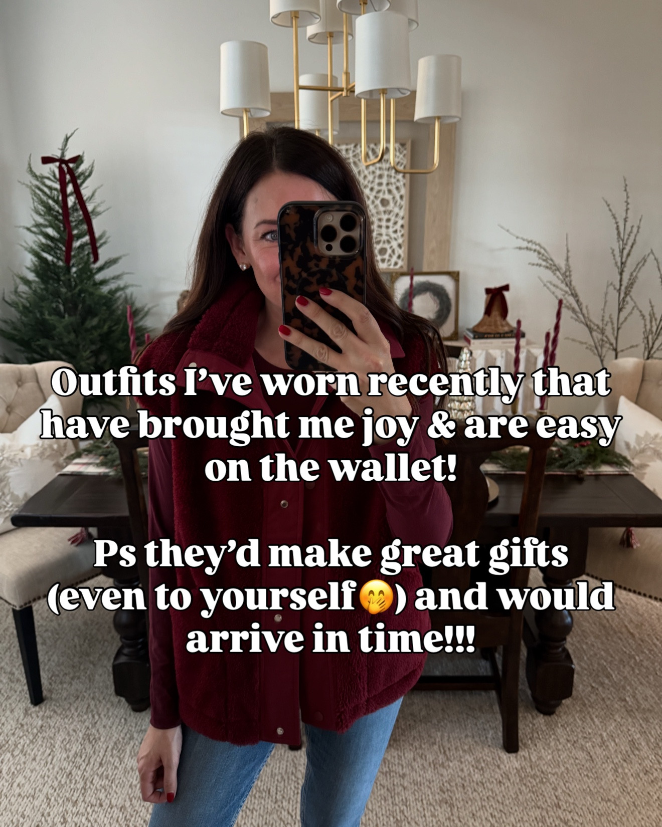 Comment DETAILS to shop✨ outfits I’ve worn lately that have brought me joy & are easy on the wallet🤗 would be great gifts too!! 
.
.
Ps I sized down in The jeans & super happy I did! 
.
.
#oldnavystyle #targetstyle #walmartstyle #kohlsfinds 

#LTKSaleAlert #LTKHoliday #LTKGiftGuide