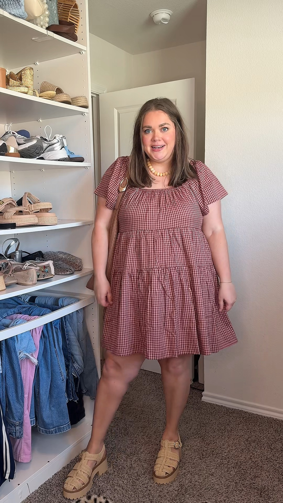 Pre fall outfit idea wearing  xl in plaid old navy dress. Fisherman sandals are old but linked similar. Stone necklace huggie earrings fall accessories  

#LTKStyleTip #LTKFindsUnder50