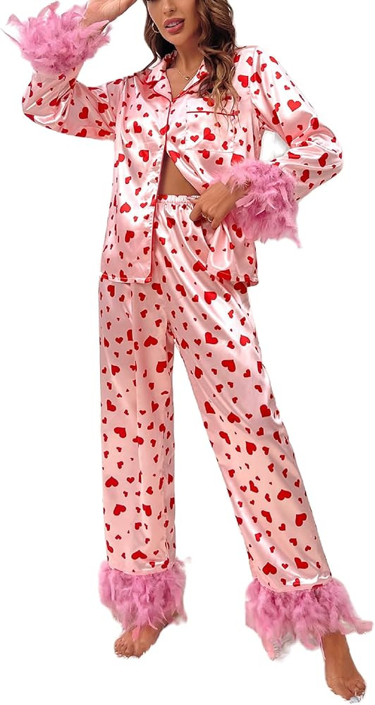 Faretumiya Floral Pajamas Set Womens 2 Piece Lounge Set Heart Valentine's Day Sleepwear Y2K Long ... | Amazon (US)