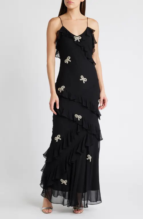 LoveShackFancy Rialto Bow Embellished Ruffle Silk Dress in Black at Nordstrom, Size 6 | Nordstrom