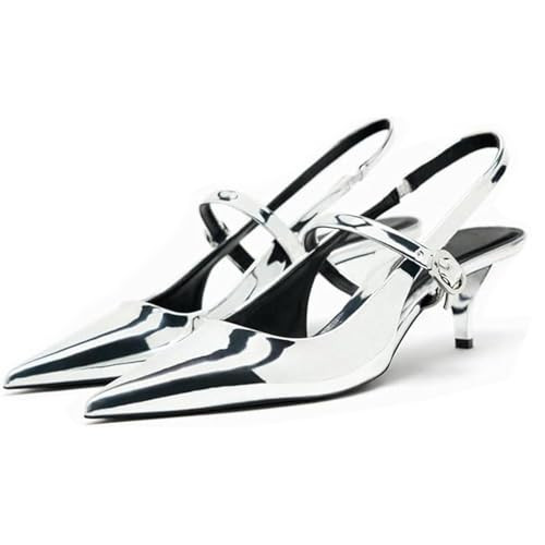 DREAMCIA Metallic Silver Slingback Heels for Women,Women's Slingback Kitten Heel with Pointed Toe Heels Buckle Strap Pumps Silver 9 | Amazon (US)