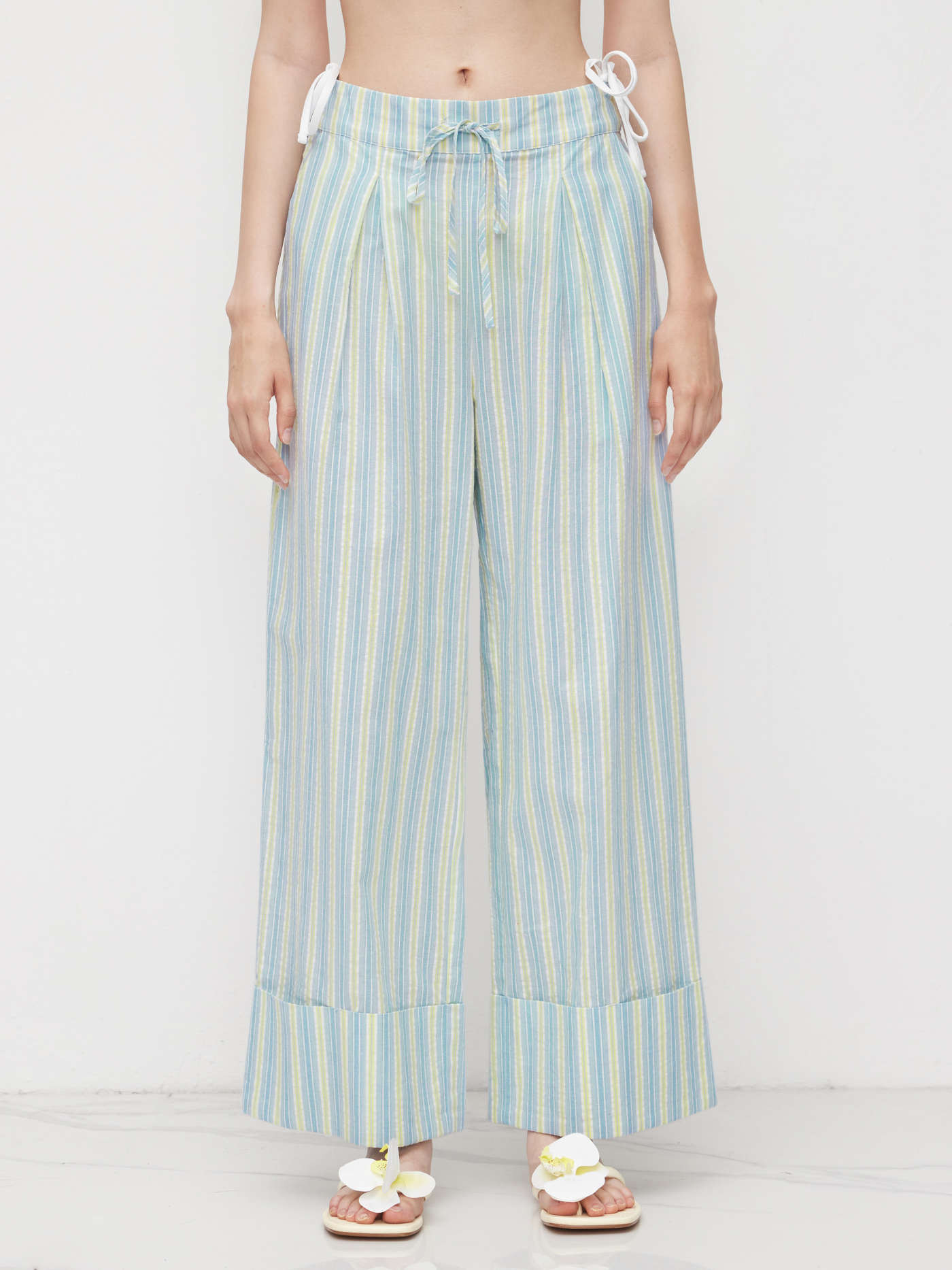 Cotton-blend Mid Rise Stripe Drawstring Roll Hem Wide Leg Trousers | Cider