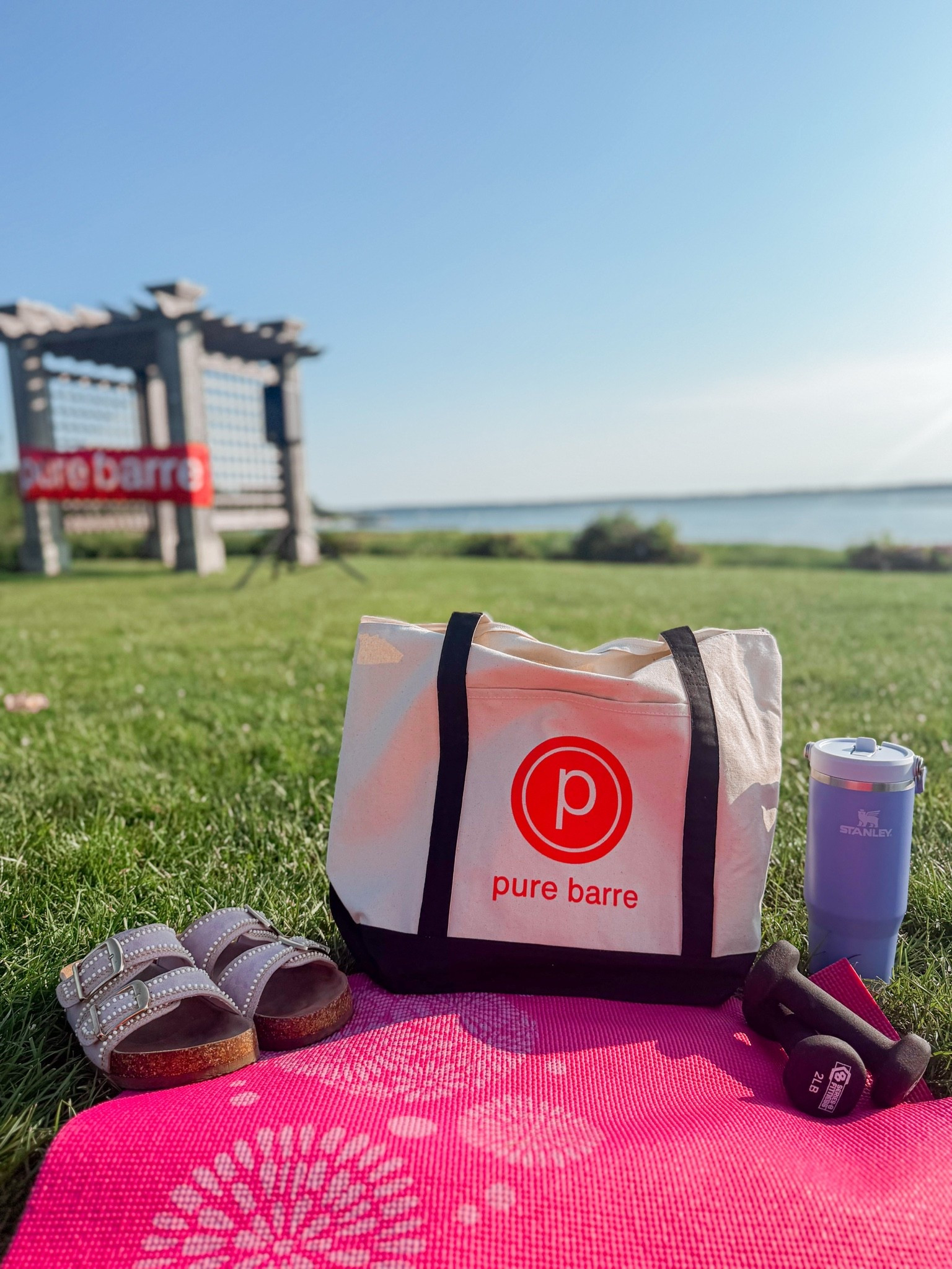 Taking the burn outside ☀️ 

Took my favorite movement routine to the water today! Shop all my outdoor workout essentials—including these cozy slides and my go-to tumbler
