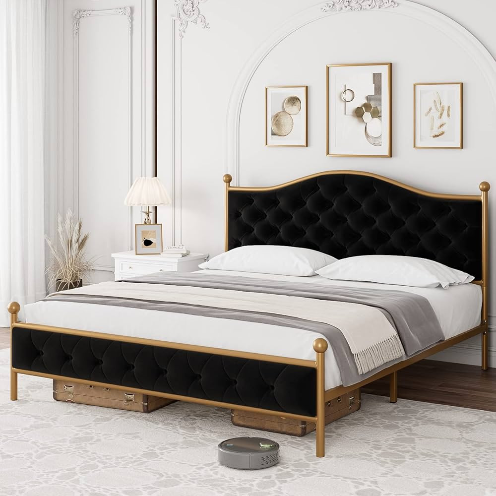 HIFIT Full Size Platform Bed Frame with Elegant Button Tufted Curved Headboard, Velvet Upholstere... | Amazon (US)