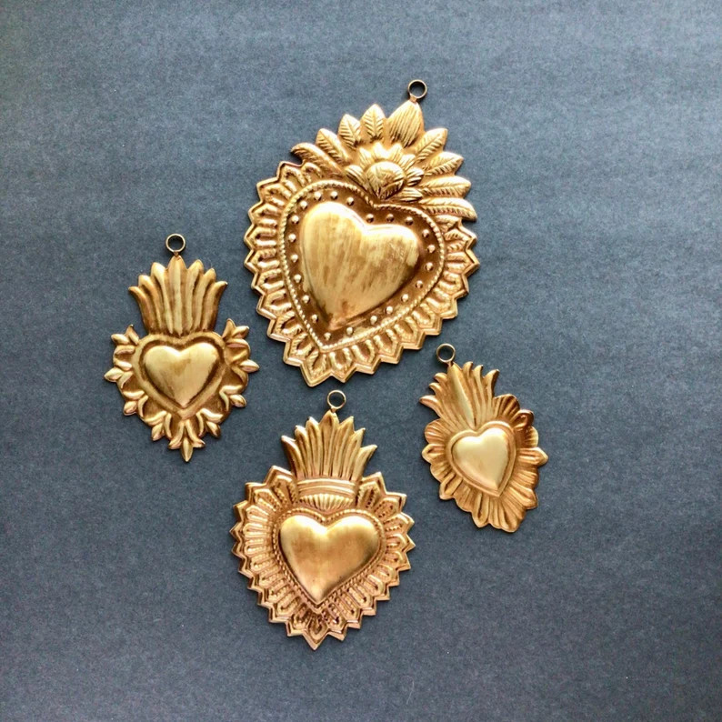 Flaming Hearts Set of 4 Ornaments in Gold Antiqued Finish - Etsy | Etsy (US)