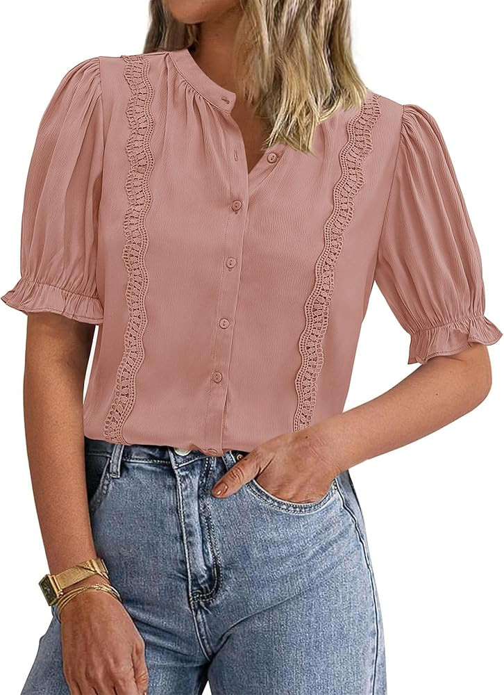 PRETTYGARDEN Women’s Puff Ruffle Sleeve Tops 2025 Summer Trendy V Neck Button Down Shirts Casua... | Amazon (US)