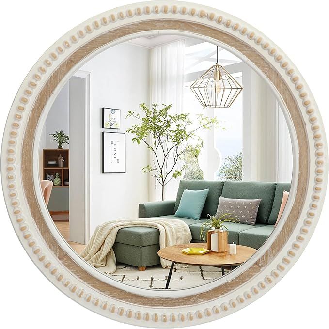 Round Wood Decorative Mirror for Wall, Farmhouse Mirror with White Beaded, 24 Inch Rustic Distres... | Amazon (US)