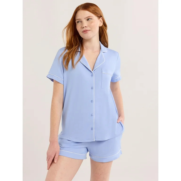 Joyspun Women’s Short Sleeve Knit Notch Collar Top and Shorts Pajama Set, 2-Piece, Sizes XS-3X ... | Walmart (US)