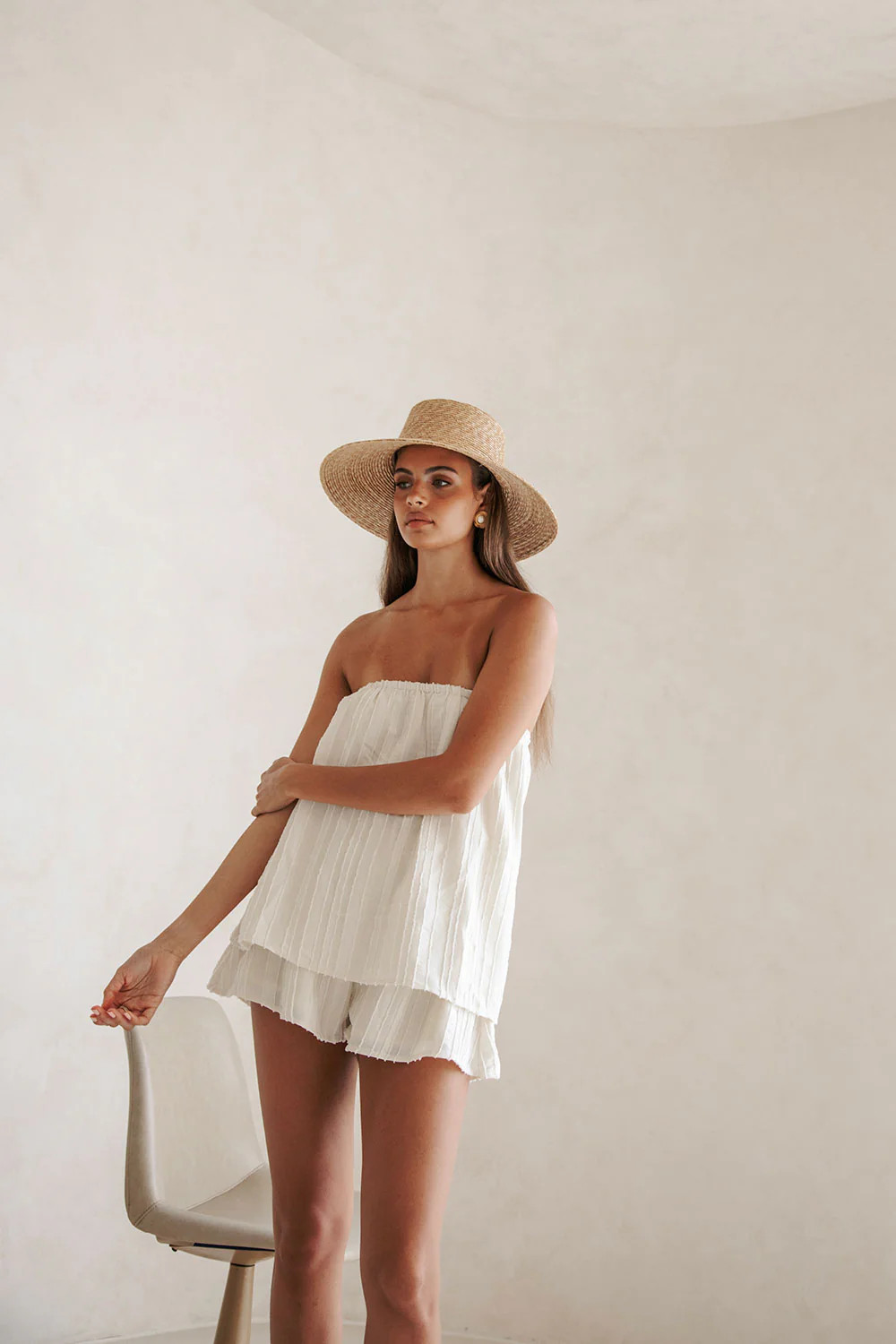 Cream Textured Stripe Strapless Sophie Playsuit | Sabo Skirt AU