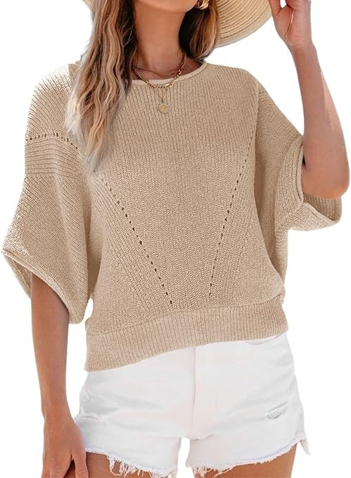 Saodimallsu Womens Short Batwing Sleeve Sweater Top Knit Crew Neck Pullover | Amazon (US)