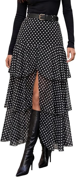 Wenrine Womens Mesh Maxi Skirt Polka Dot Front Split Tiered Plaid Skirts | Amazon (US)