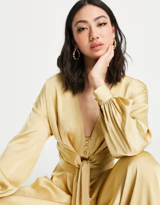 ASOS DESIGN satin pleat detail top with tie detail and buttons - part of a set | ASOS (Global)