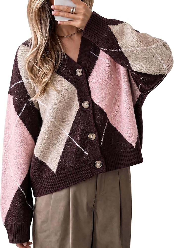 Cicy Bell Women Plaid Color Block Cardigan V Neck Long Sleeve Knit Sweater | Amazon (US)