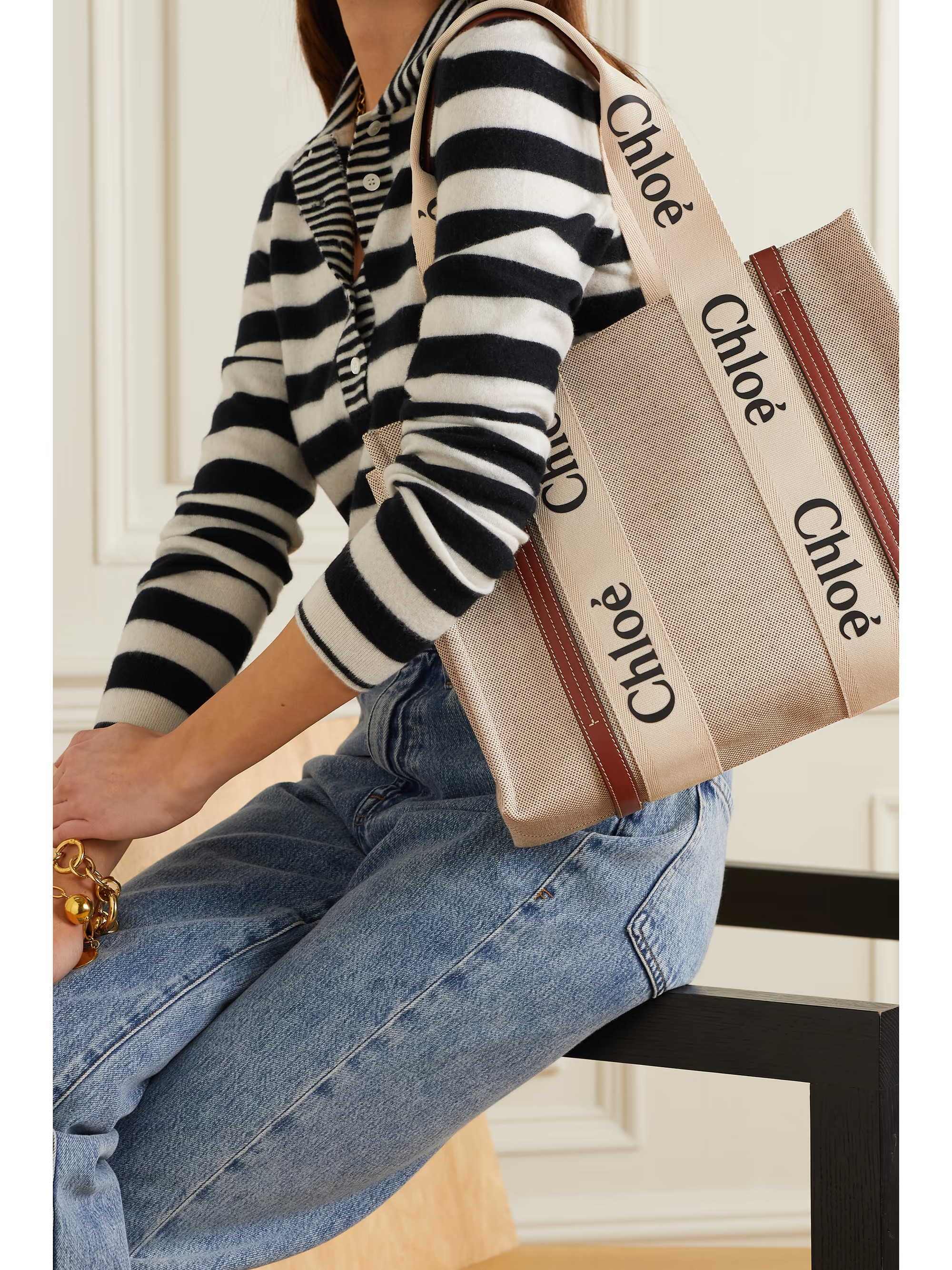 + NET SUSTAIN Woody medium leather and webbing-trimmed linen tote | NET-A-PORTER (US)