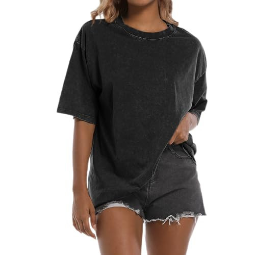 Tuislay Oversized Tshirt Shirts for Women Vintage Acid Wash T Shirt Cotton Casual Baggy Boyfriend Teens Basic Grunge Tees Top(Black,2XL) | Amazon (US)