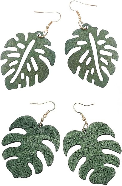 2 Pairs Natural Wooden Monstera Leaves Stud Earring for Women Tropical Plant Palm Leaf African Ea... | Amazon (US)