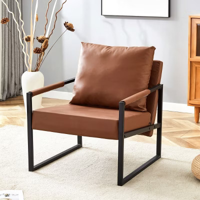 Modern Brown PU Leather Accent Chair with Metal Frame, Industrial Lounge Armchair for Living Room Bedroom Office-3irtyhousy | Target
