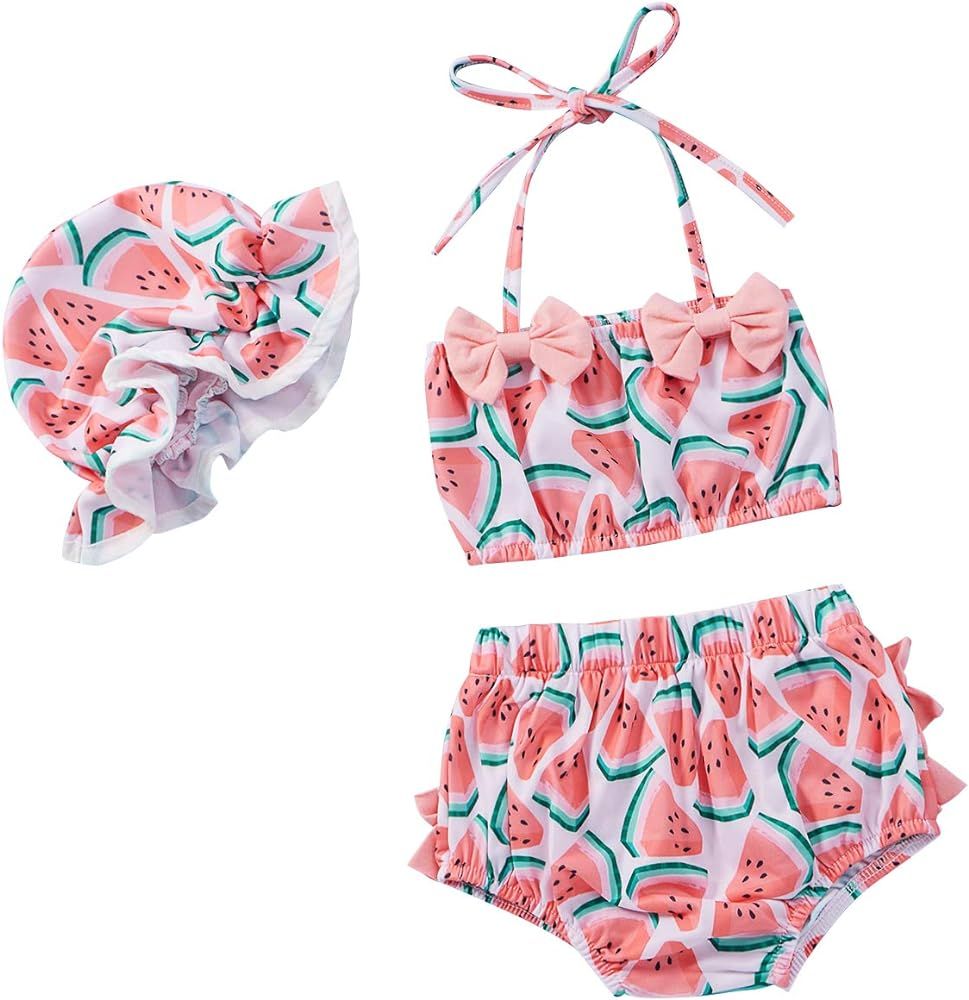 Cute Baby Girl Two Piece Swimsuit Watermelon Print Bathing Suit Beachwear Summer Bowknot Halter B... | Amazon (US)