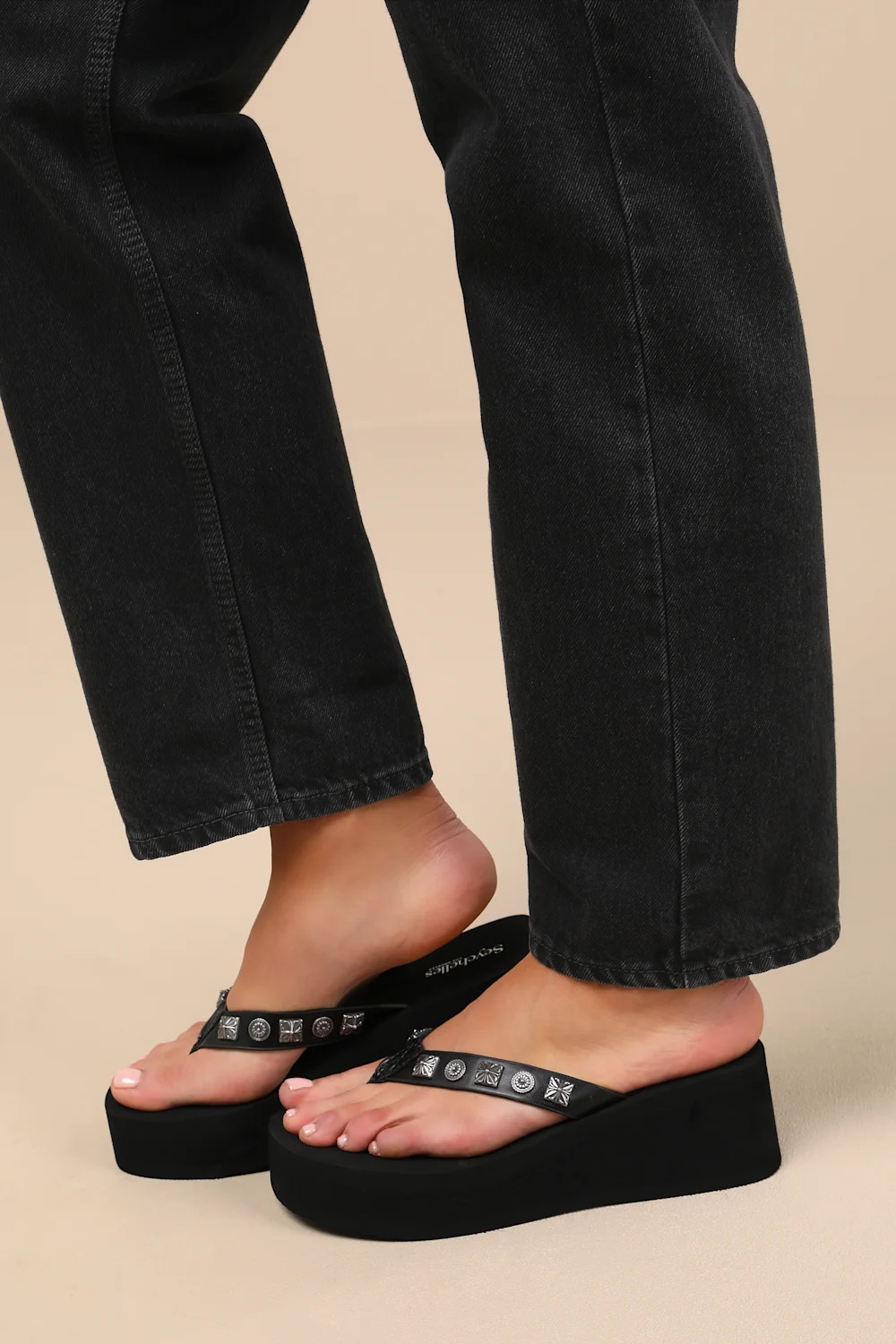 Skyscraper Black Studded Platform Thong Sandals | Lulus