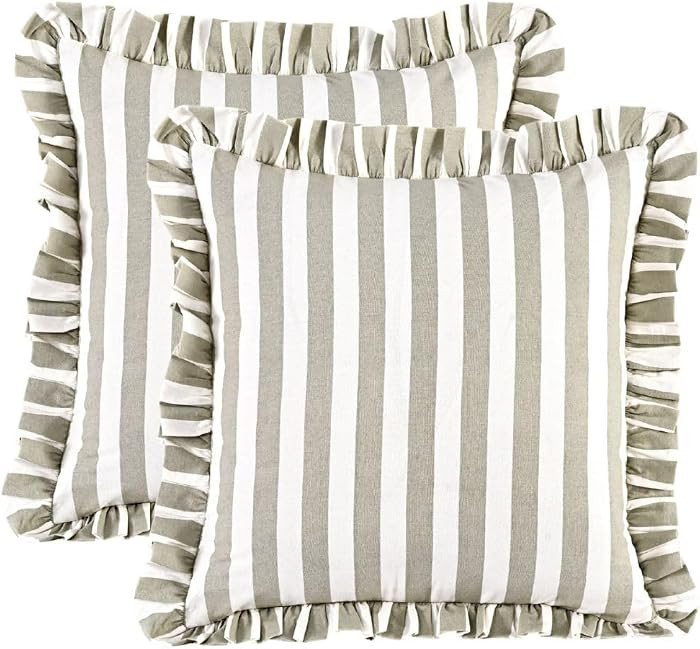 CPC Grey Striped Print Cotton Ruffle Decorative Throw Covers with Hidden Zipper 20x20 Inch Set of... | Amazon (US)