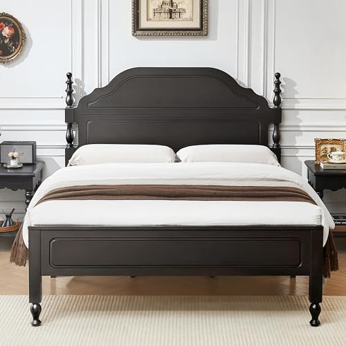 BedsPick Solid Wood Bed Frame Queen Size, Wooden Retro Style Queen Bed Frame with Headboard and Footboard, Heavy Duty Bed Frame with 12 Wood Slats Support,No Box Spring Needed,Noiseless, Dark Brown | Amazon (US)