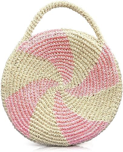 QTKJ Hand-woven Round Pink Straw Handbags Soft Straw Tote Bag Boho Straw Handle Tote Retro Summer... | Amazon (US)