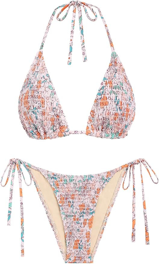 seamoly Women's Bikini Sets Halter Fishnet Shell Decorated Two Piece Swimsuit Sexy Side Tie Thong... | Amazon (US)