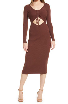 Click for more info about Gathered Front Cutout Long Sleeve Rib Midi Dress