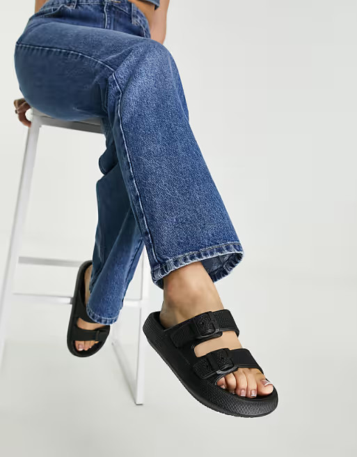 Topshop Pop buckle double strap slider sandal in black | ASOS (Global)